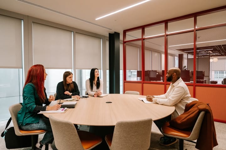 A diverse team having an open discussion in a professional setting