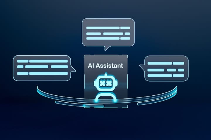 An illustration depicting AI concepts in a business setting, such as data analytics, customer service robots, and automation