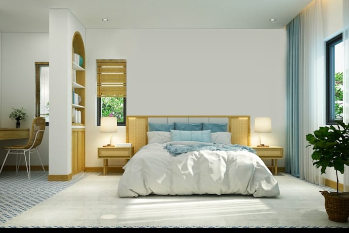 An illustration of a peaceful bedroom setting with soft lighting and calming decorations